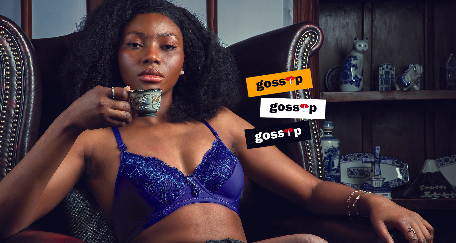 Confident women wearing blue lace padded bras from Gossip Store's women's lingerie collection online in India.