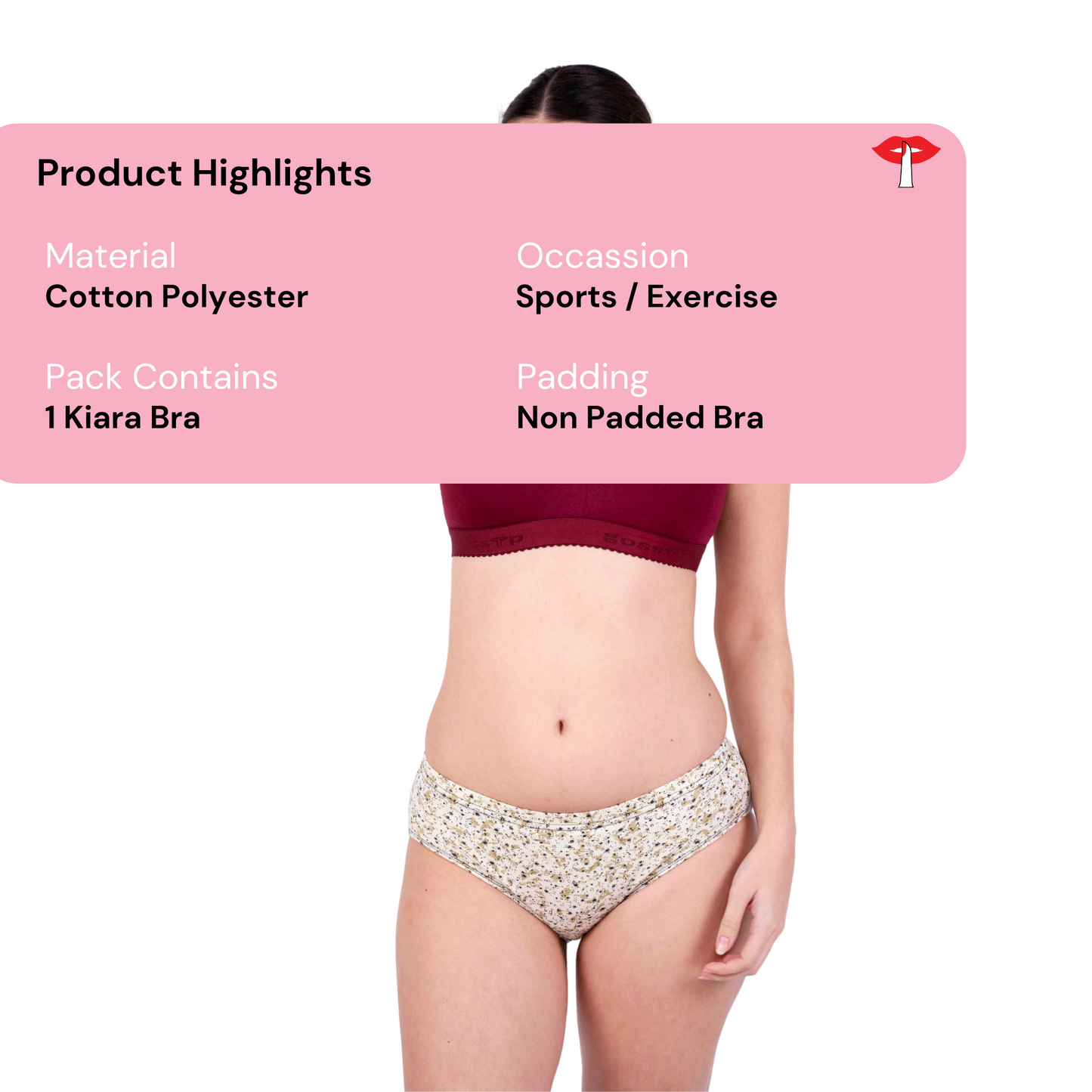 Maroon Kiara sports bra product information image by gossip by mybra