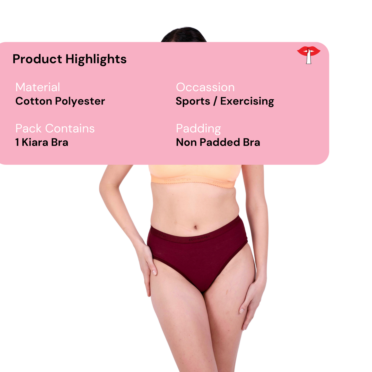 Peach Kiara sports bra product information image by gossip by mybra