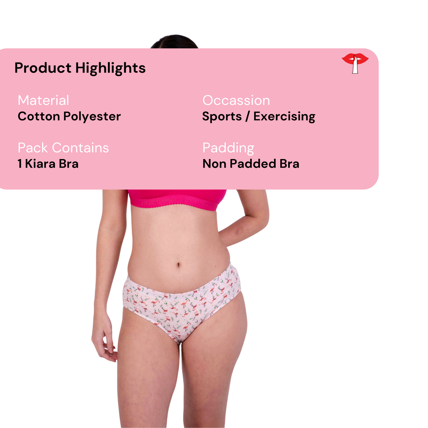 Rani Pink Kiara sports bra product information image by gossip by mybra
