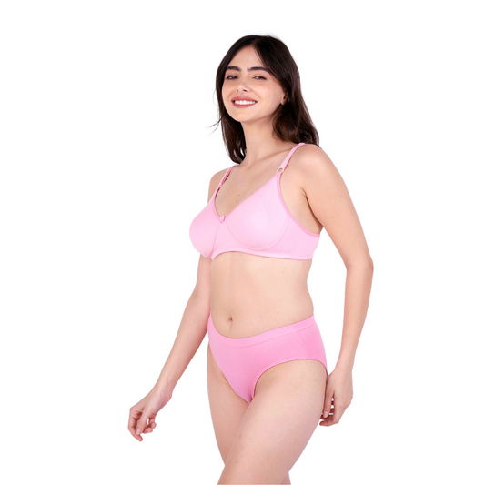 Baby Pink Round Stitch Knitted bra and panty set left view by gossip by mybra