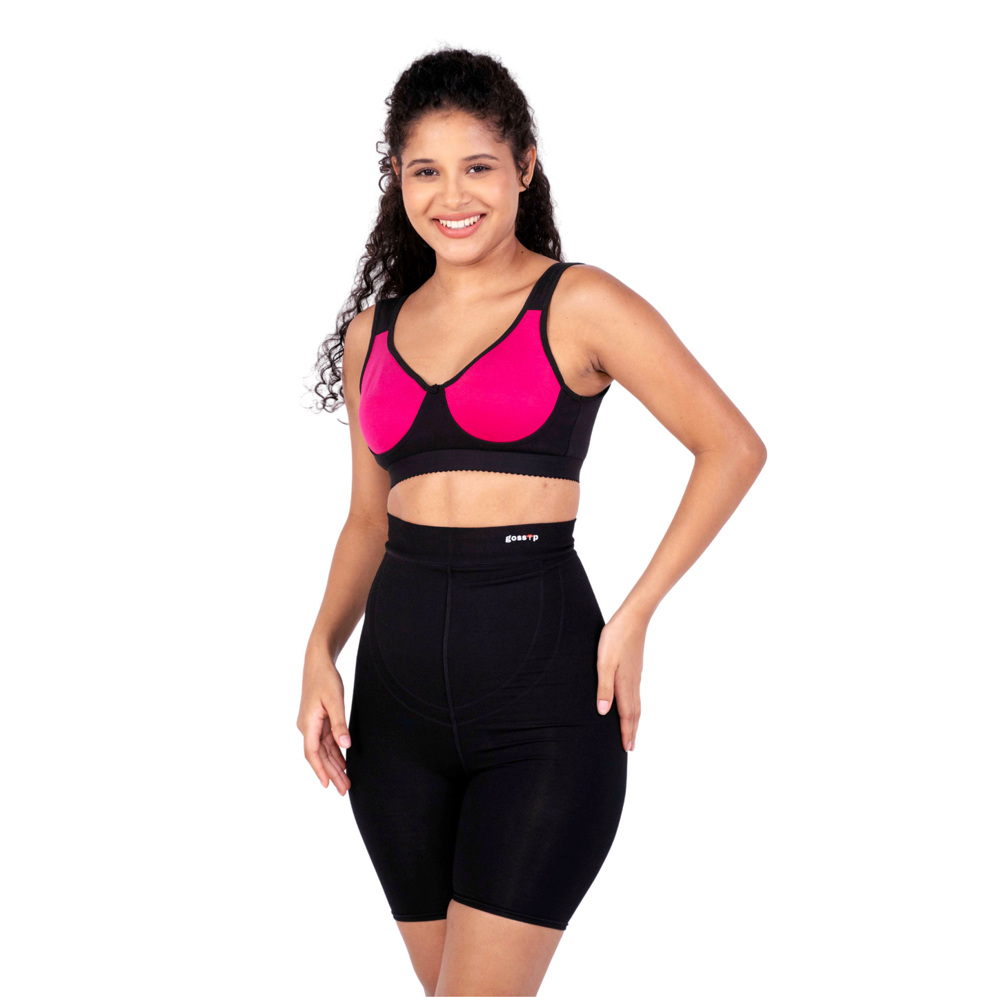 Pink and Black Sporty Sports Bra Front View by Gossip by Mybra
