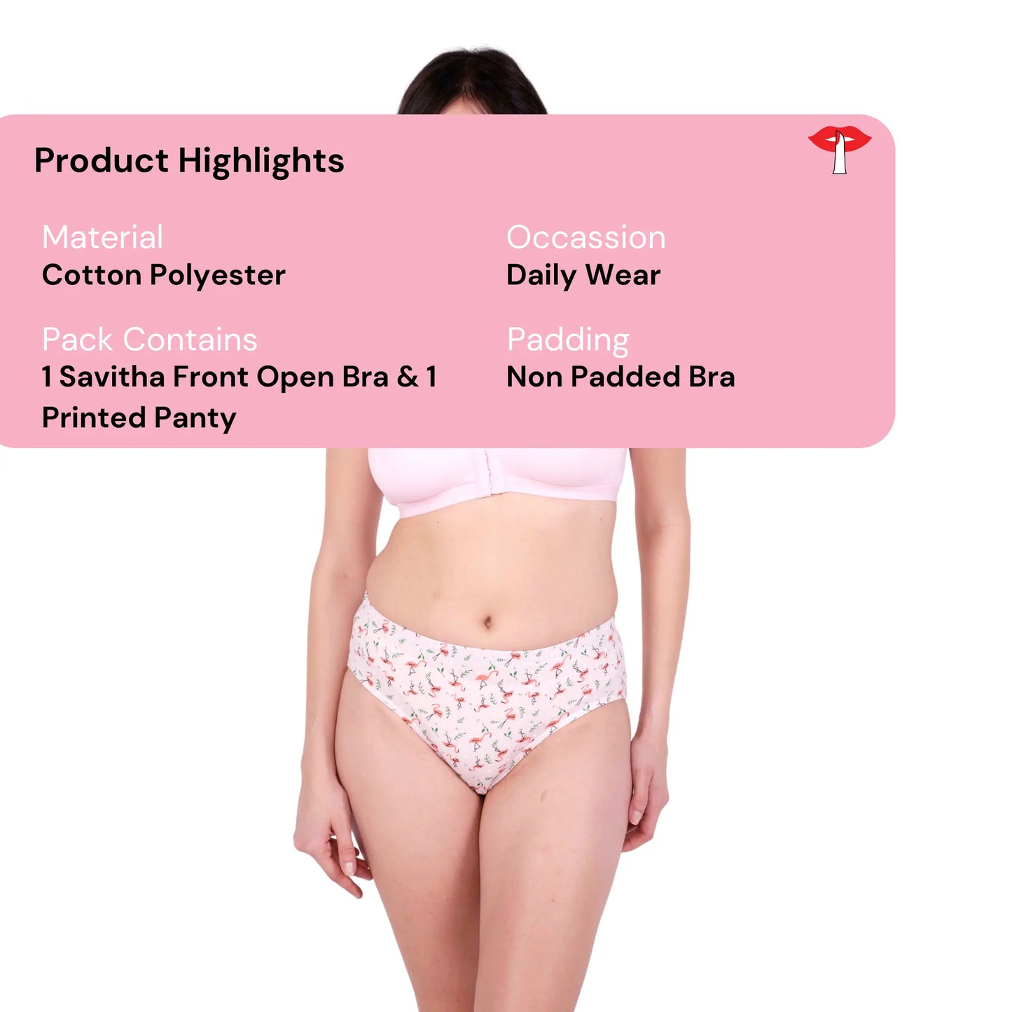 Baby Pink non padded front open bra and panty set product information image by gossip by mybra