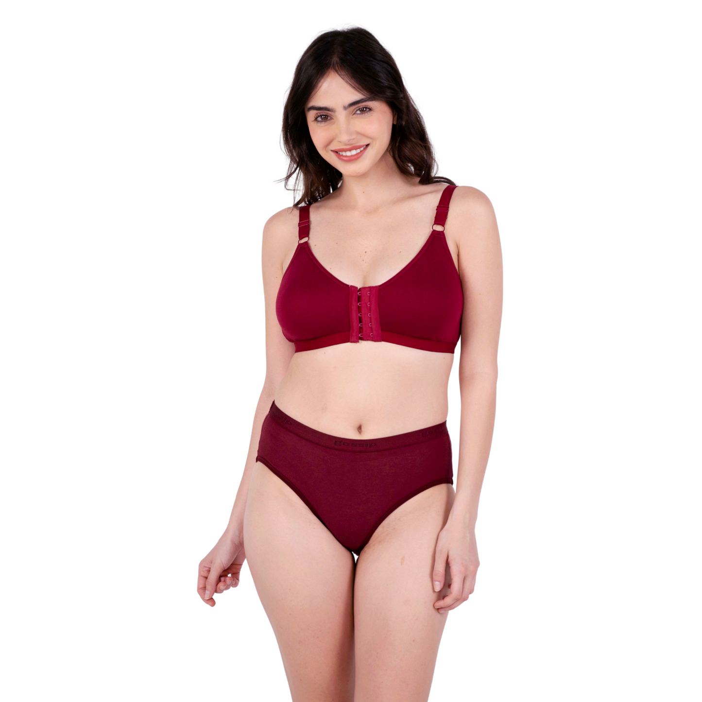 Maroon non padded front open bra and panty set front view by gossip by mybra