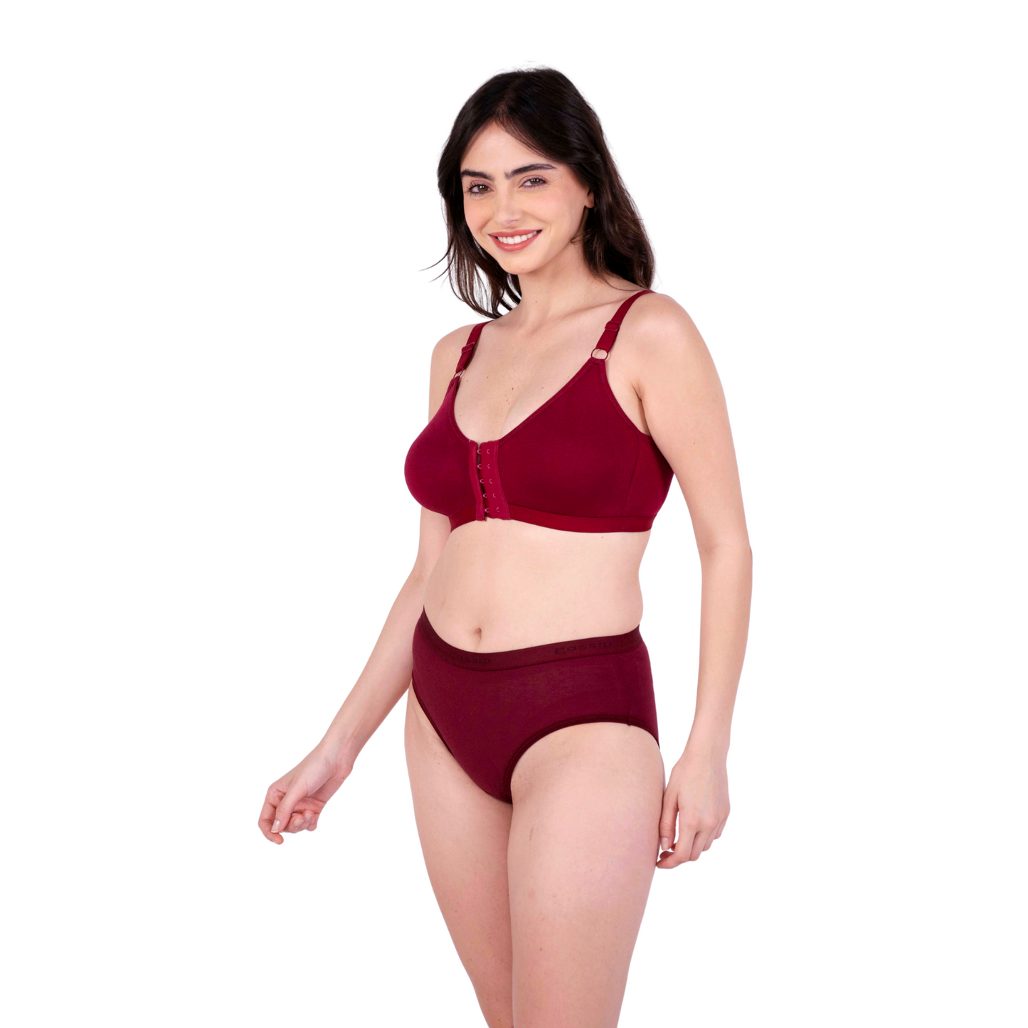 Maroon non padded front open bra and panty set left view by gossip by mybra