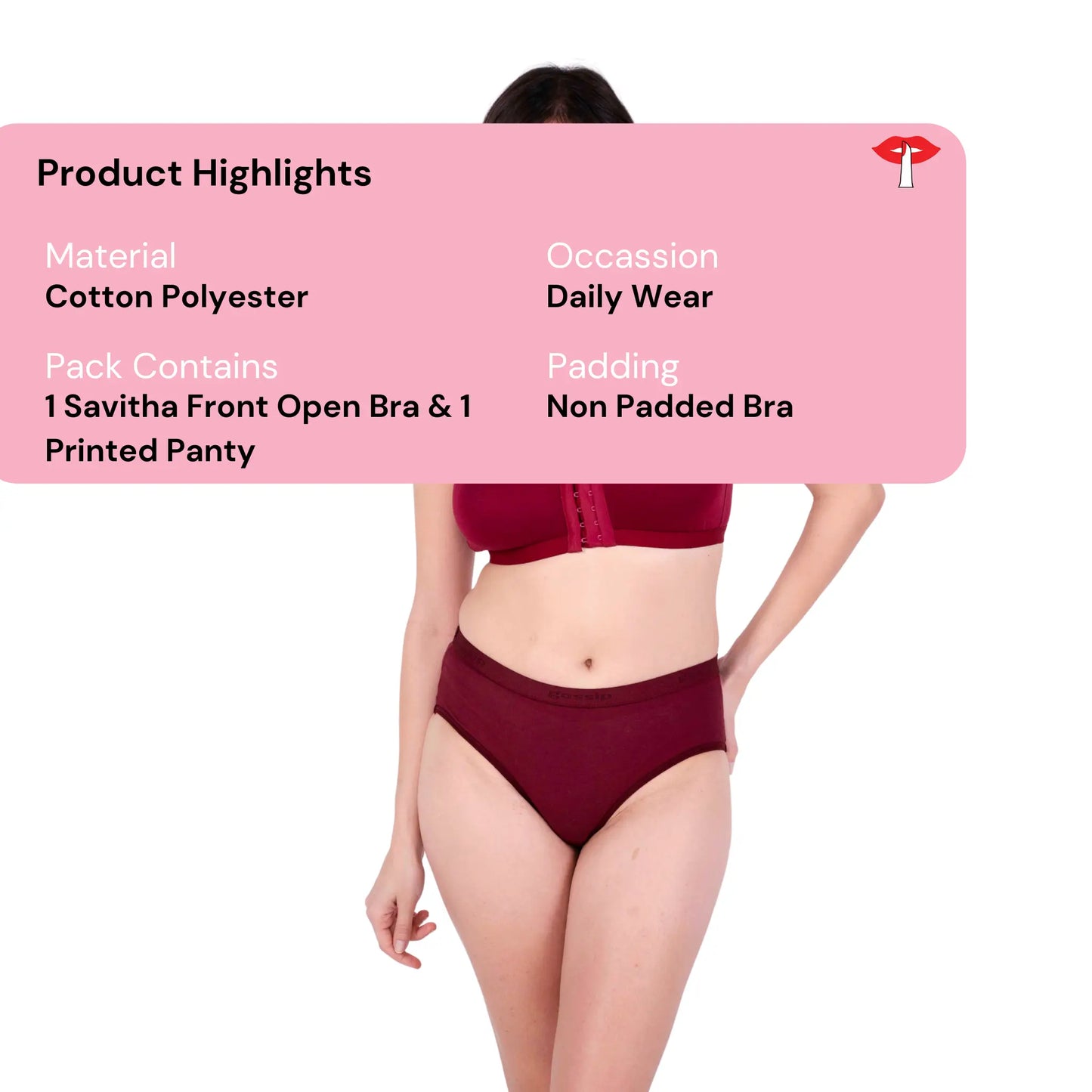Maroon non padded front open bra and panty set product information image by gossip by mybra