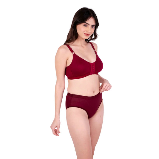 Maroon non padded front open bra and panty set right view by gossip by mybra