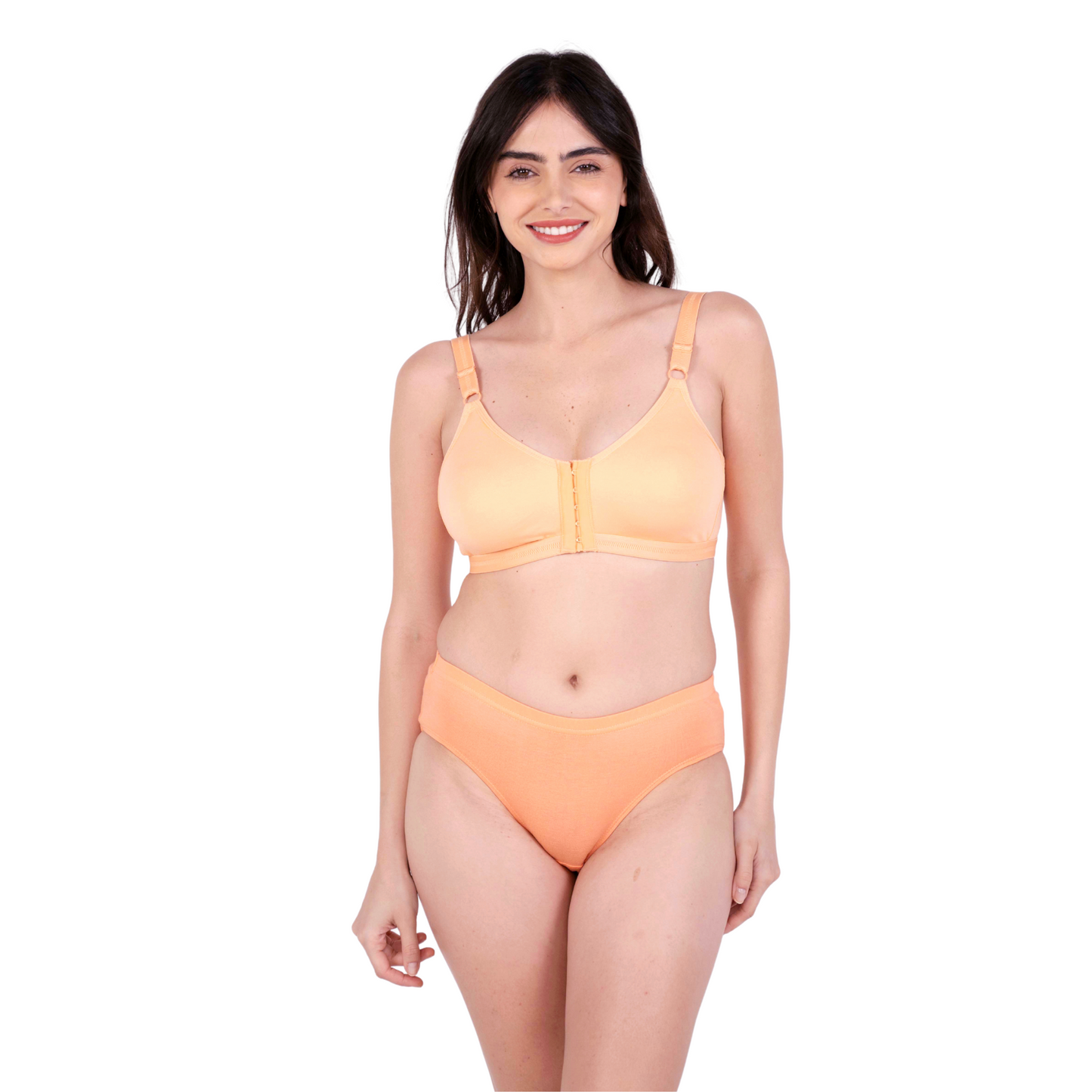 Peach non padded front open bra and panty set front by gossip by mybra