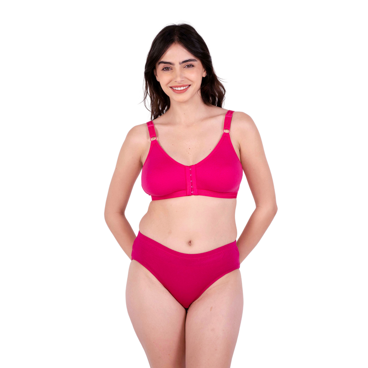 Rani Pink non padded front open bra and panty set front view by gossip by mybra
