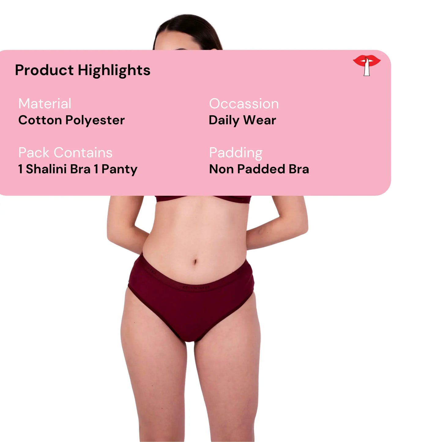 Maroon Shalini Daily wear bra and panty set product information image by gossip by mybra