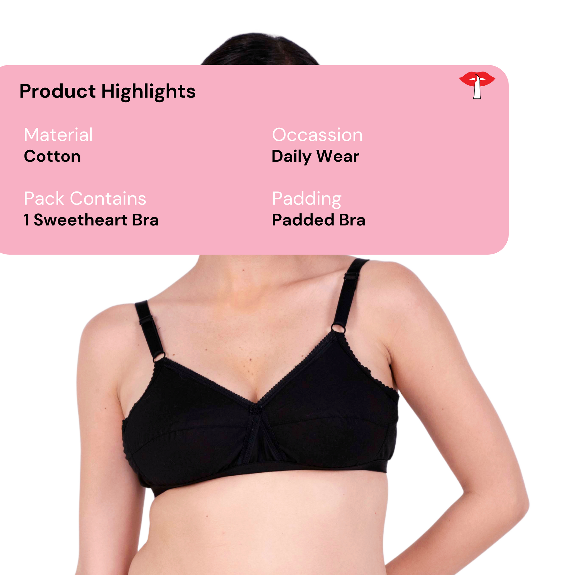 Black sweetheart padded bra product information image by gossip by mybra