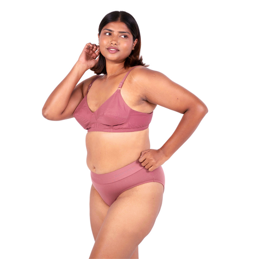 Shop Vimal Brick 100% Cotton Round Stitch Bra with matching panties left view designed by Gossip By Mybra