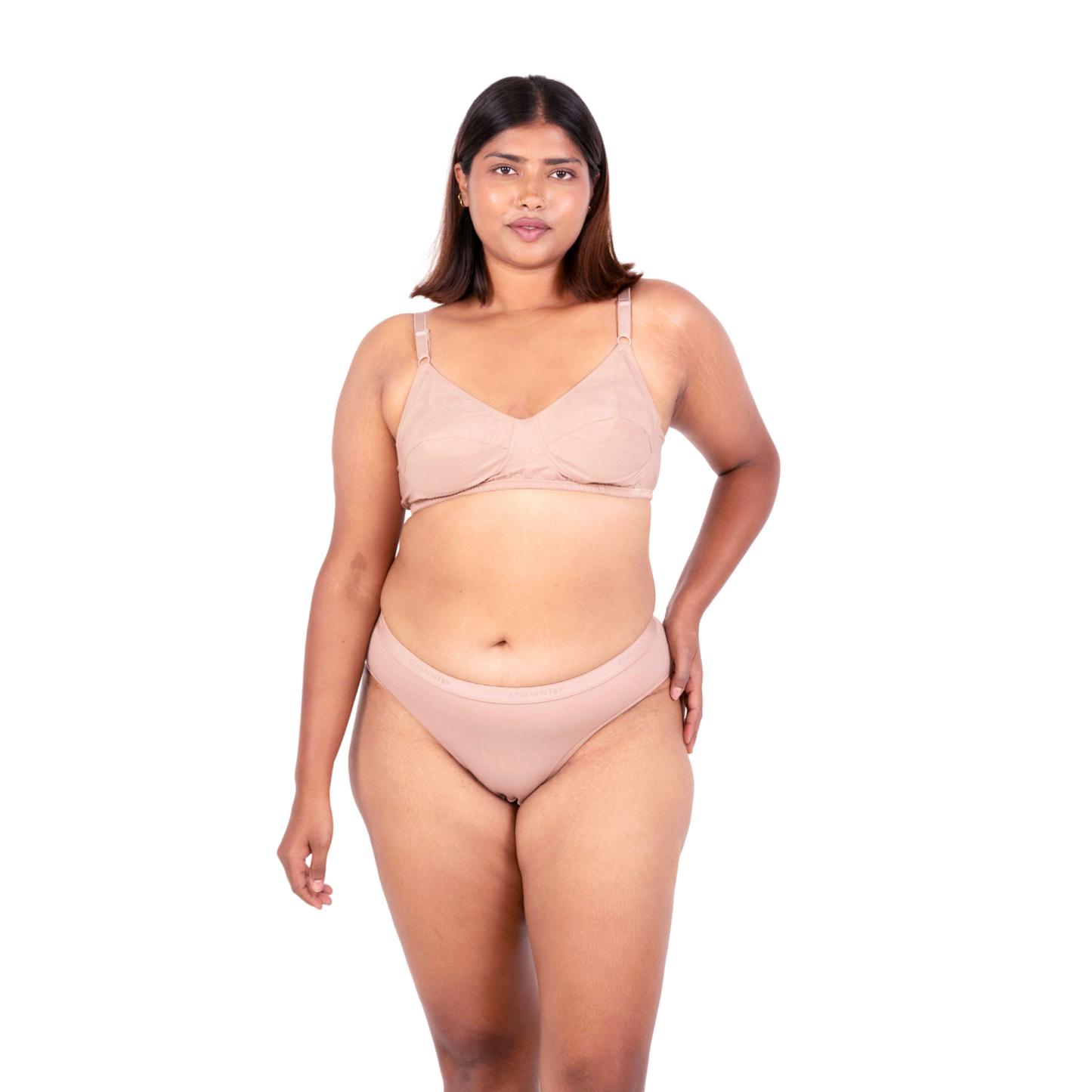 Shop Vimal Fawn 100% Cotton Round Stitch Bra with matching panties front view designed by Gossip By Mybra