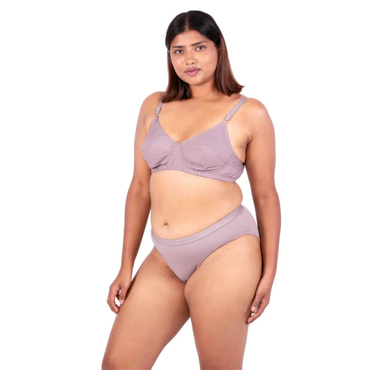 Shop Vimal Hazelnut 100% Cotton Round Stitch Bra with matching panties left view designed by Gossip By Mybra