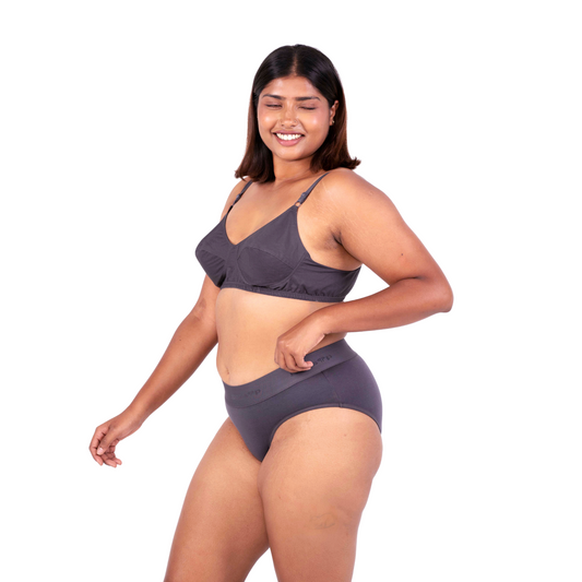 Shop Vimal Hot Coffee 100% Cotton Round Stitch Bra with matching panties left view designed by Gossip By Mybra