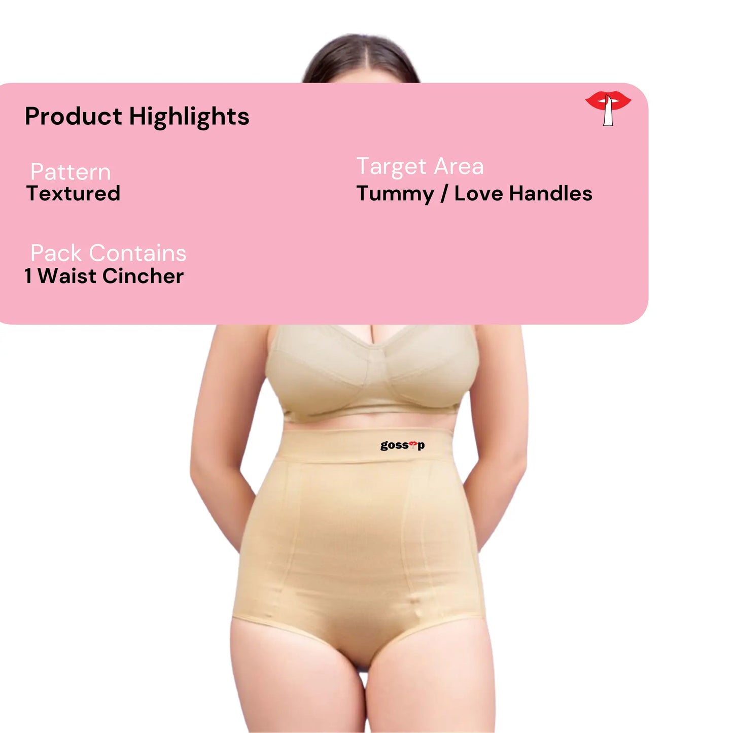 Waist cincher shapewear product information includes views of the cincher and shows how it helps shape the waist only on gossip by mybra.