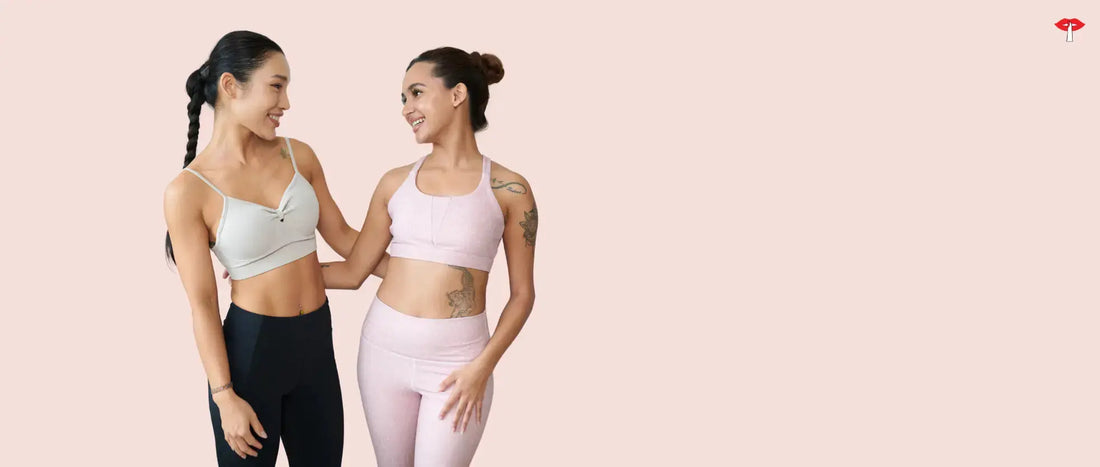 Two women wearing stylish, comfortable bras, smiling and showcasing different bra styles for everyday support