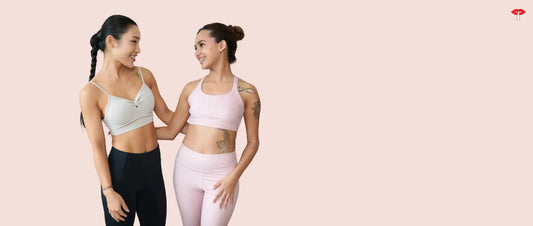 Two women wearing stylish, comfortable bras, smiling and showcasing different bra styles for everyday support