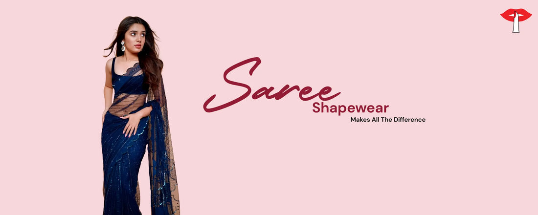 Woman wearing Gossip Store saree shapewear, designed for tummy control and smooth fit under sarees, perfect for monsoon comfort