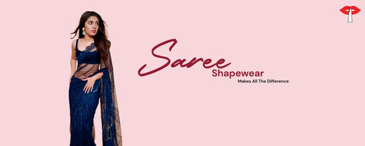 Woman wearing Gossip Store saree shapewear, designed for tummy control and smooth fit under sarees, perfect for monsoon comfort