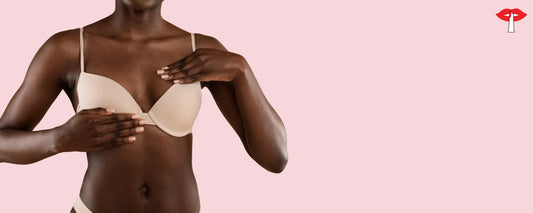 Woman in a skin colour bra measuring her bust with a tape measure to demonstrate how to find the correct bra size at home.