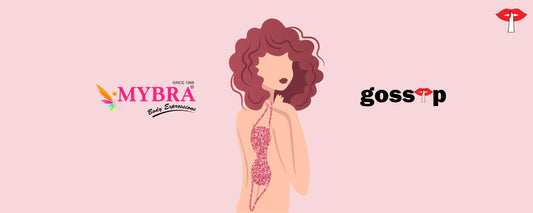 Illustration of a woman with curly hair with Gossip and Mybra branding - India's trusted lingerie brand with 50+ years of legacy