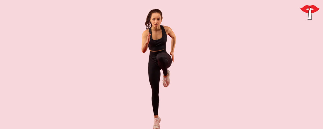 Woman running in a black sports bra and leggings - high-support activewear lingerie for women in India By Gossip Store, designed for gym workouts and comfort