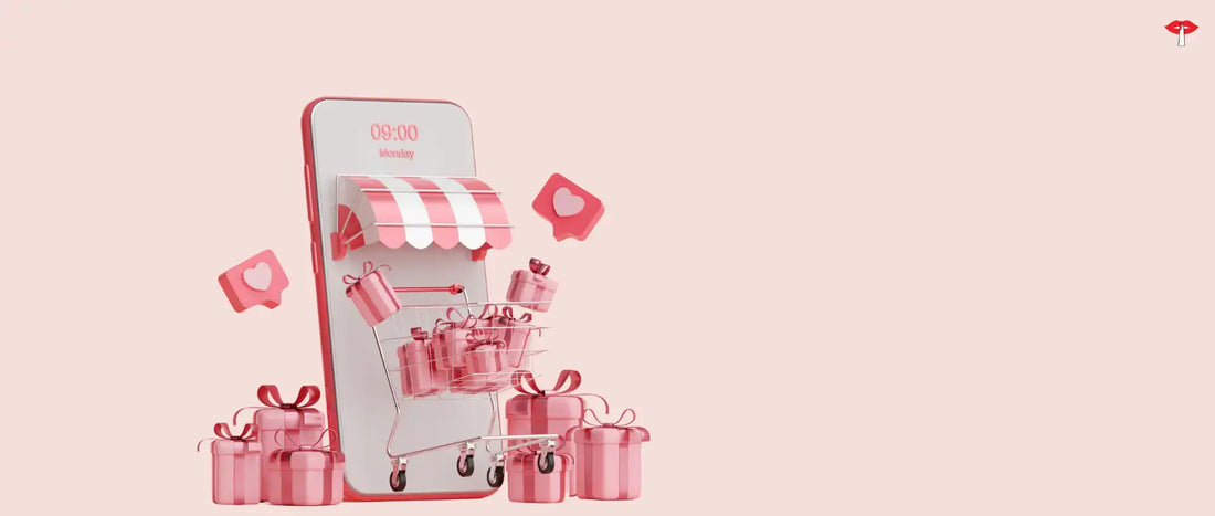 Online lingerie shopping concept with pink shopping bags and lingeire items on a pastel background