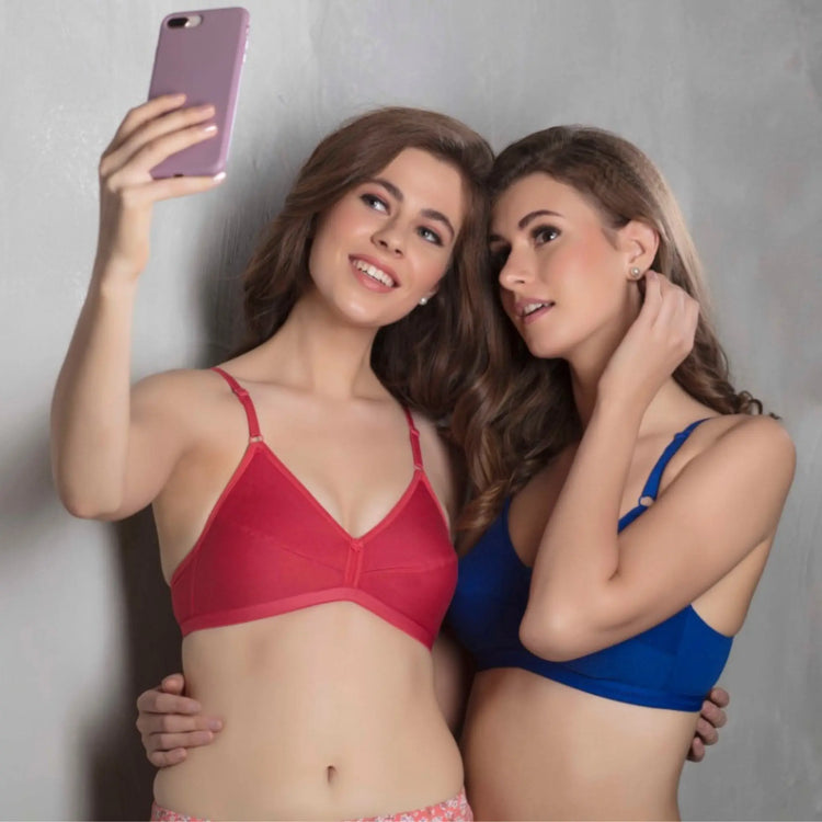woman wearing one of the mybra basic cotton bra, showcasing the soft comfort and everyday supportive fit of the cotton bras
