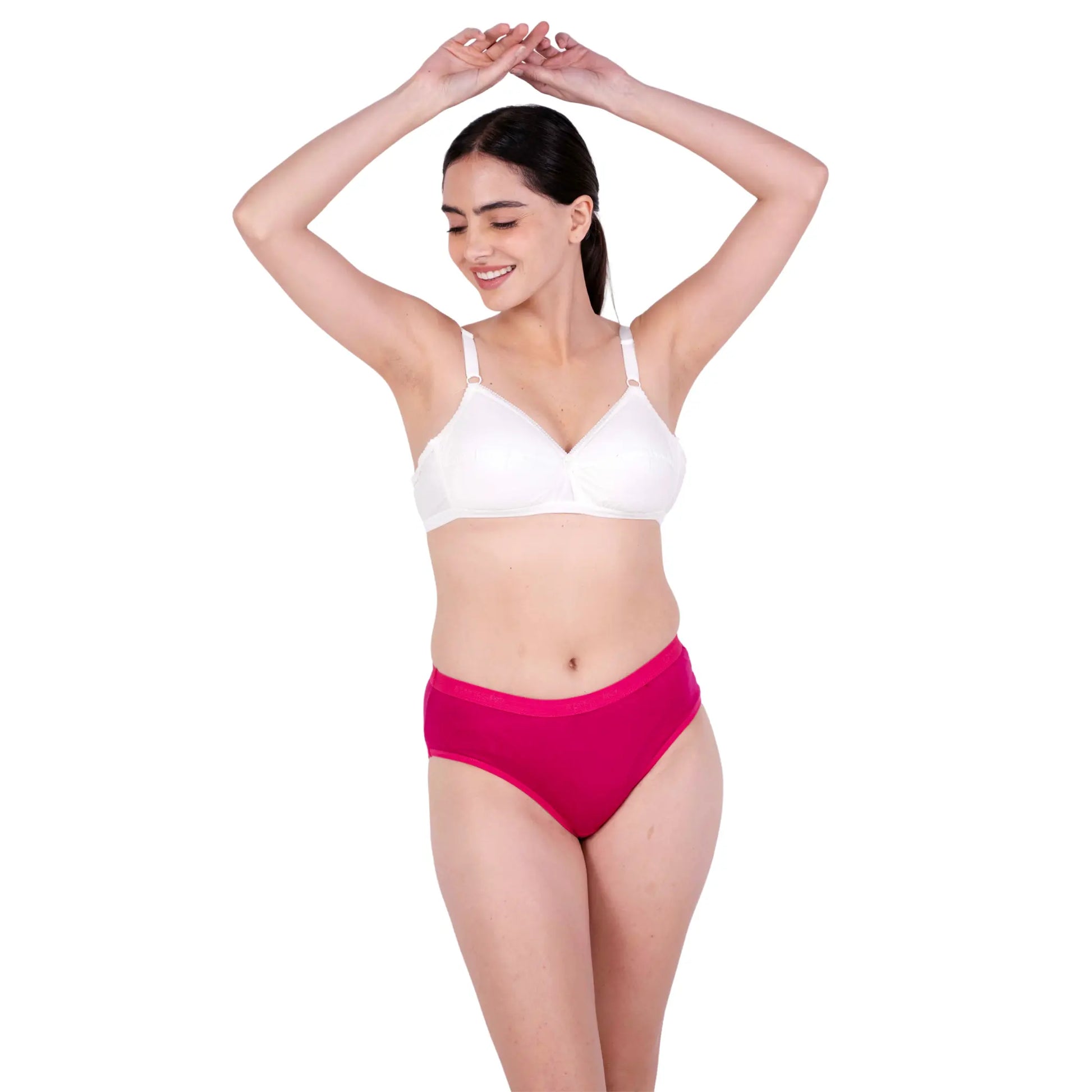 White Cotton Bra and Pink Contrast Panty Set Padded Bra With Outer Elastic Panties White 30B S