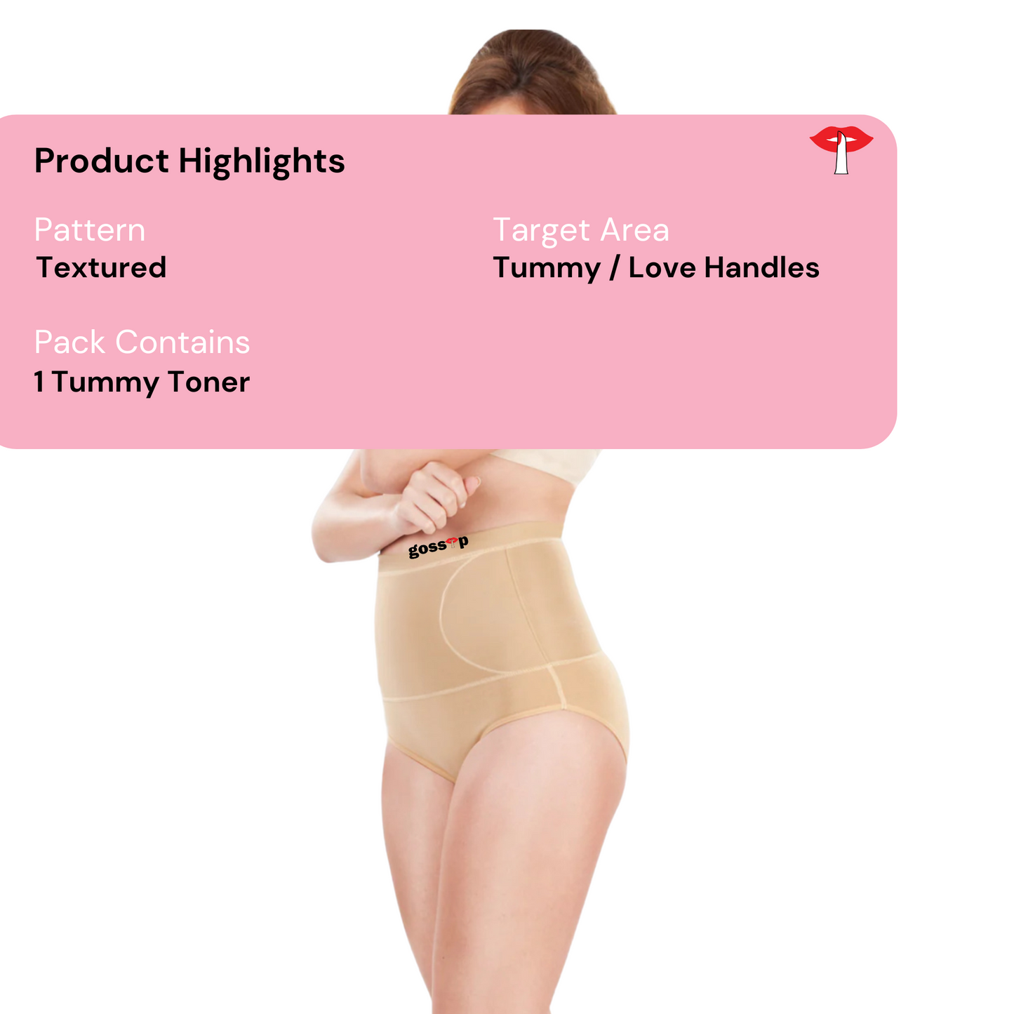 Product information image of the tummy toner shapewear, showcasing its firm control, seamed design, and comfortable fit for a smooth silhouette only on gossip by mybra.