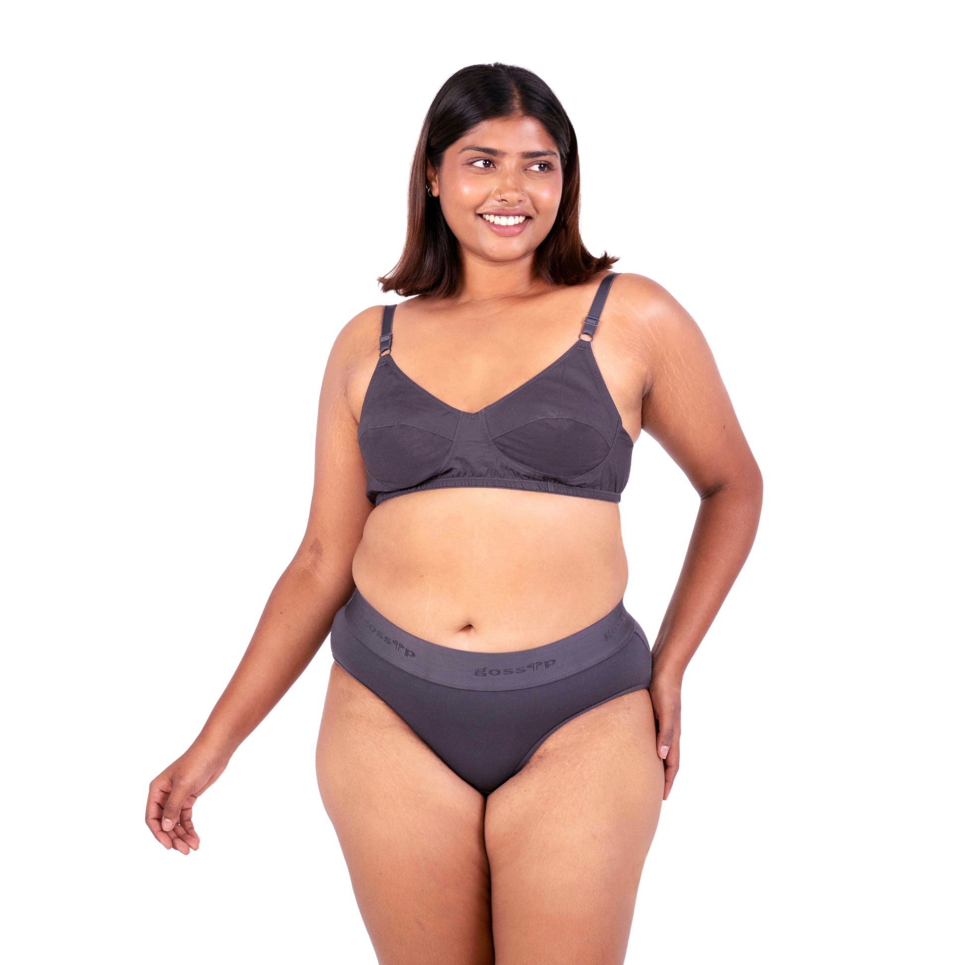 Shop Vimal Hot Coffee 100% Cotton Round Stitch Bra with matching panties front view designed by Gossip By Mybra