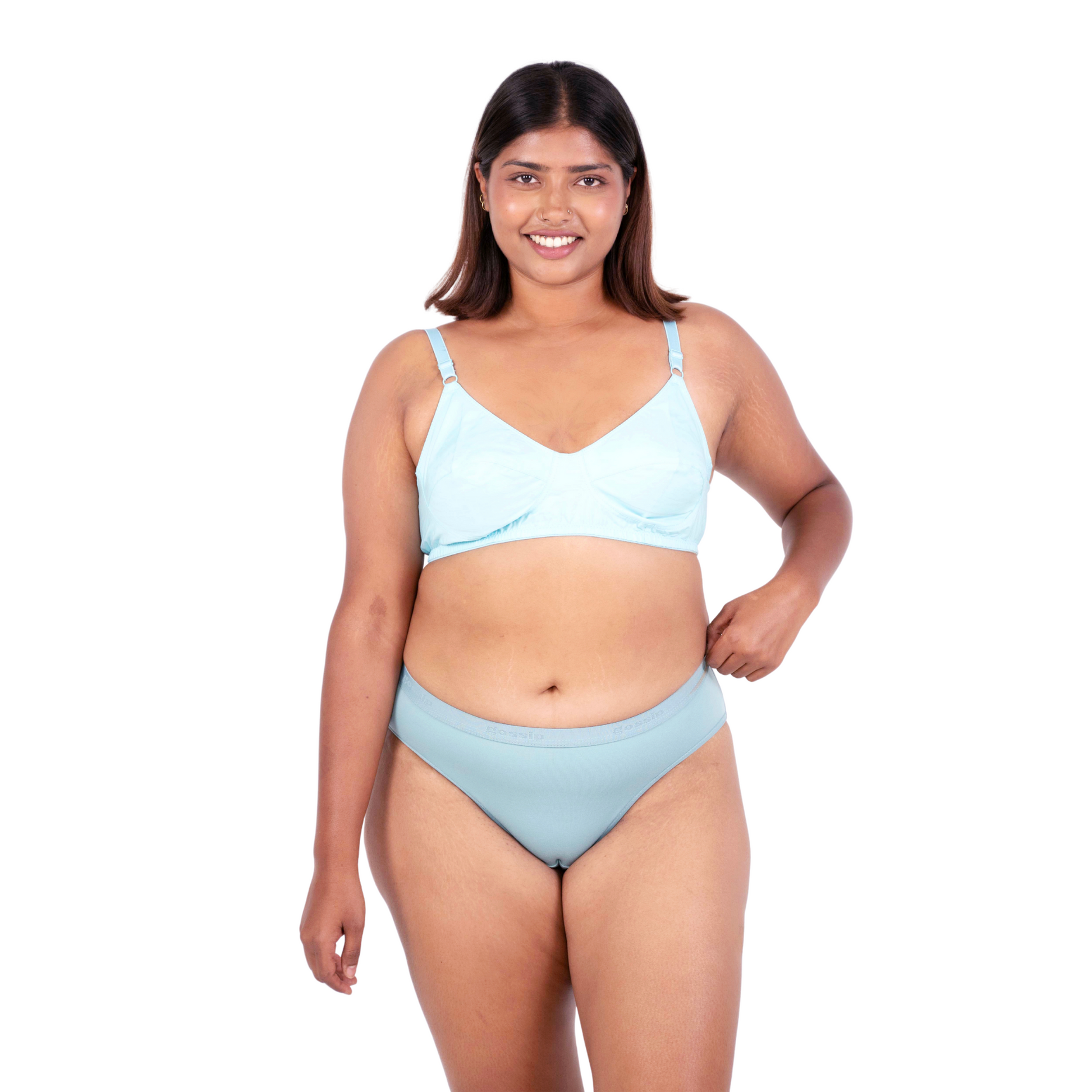 Shop Vimal Mint 100% Cotton Round Stitch Bra with matching panties front view designed by Gossip By Mybra